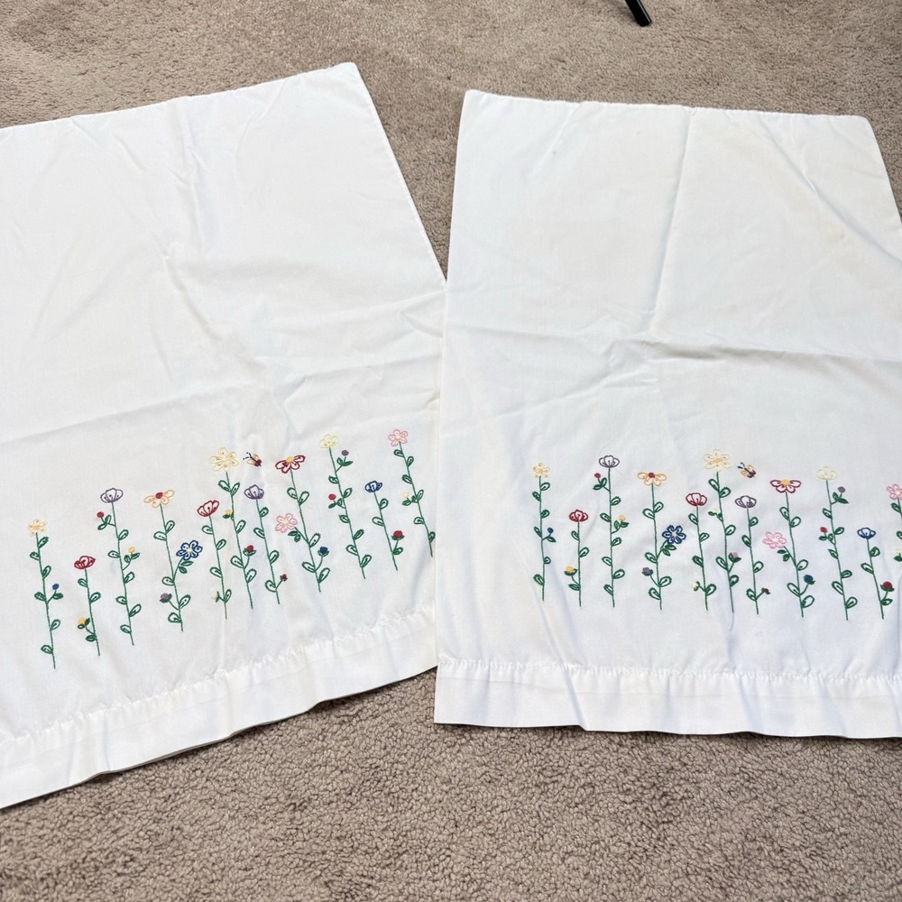 Vintage White Cotton Pillow Cases With Hand Embroidery Flowers Set of 2 Standard